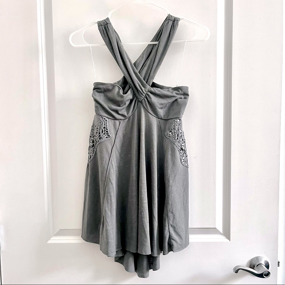 FREE PEOPLE Grey Flowy Halter Top with Lace Detail